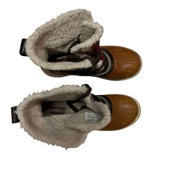 Sorel Tivoli Plaid Winter Boots Womens Size 5 Brown Leather Waterproof - Picture 3 of 9